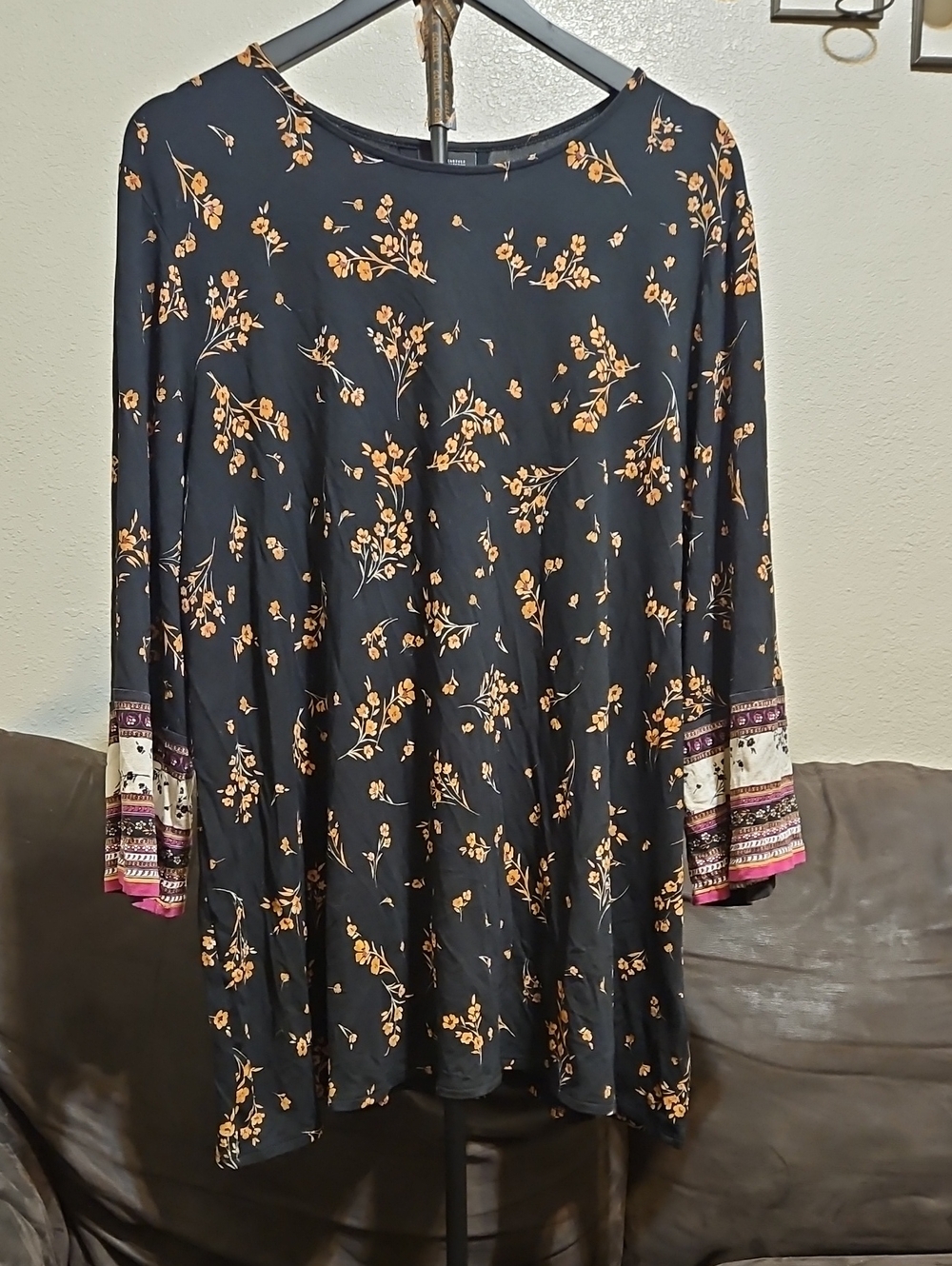 J. Jill Black Blouse with Orange Floral Print and Multicolor Cuff